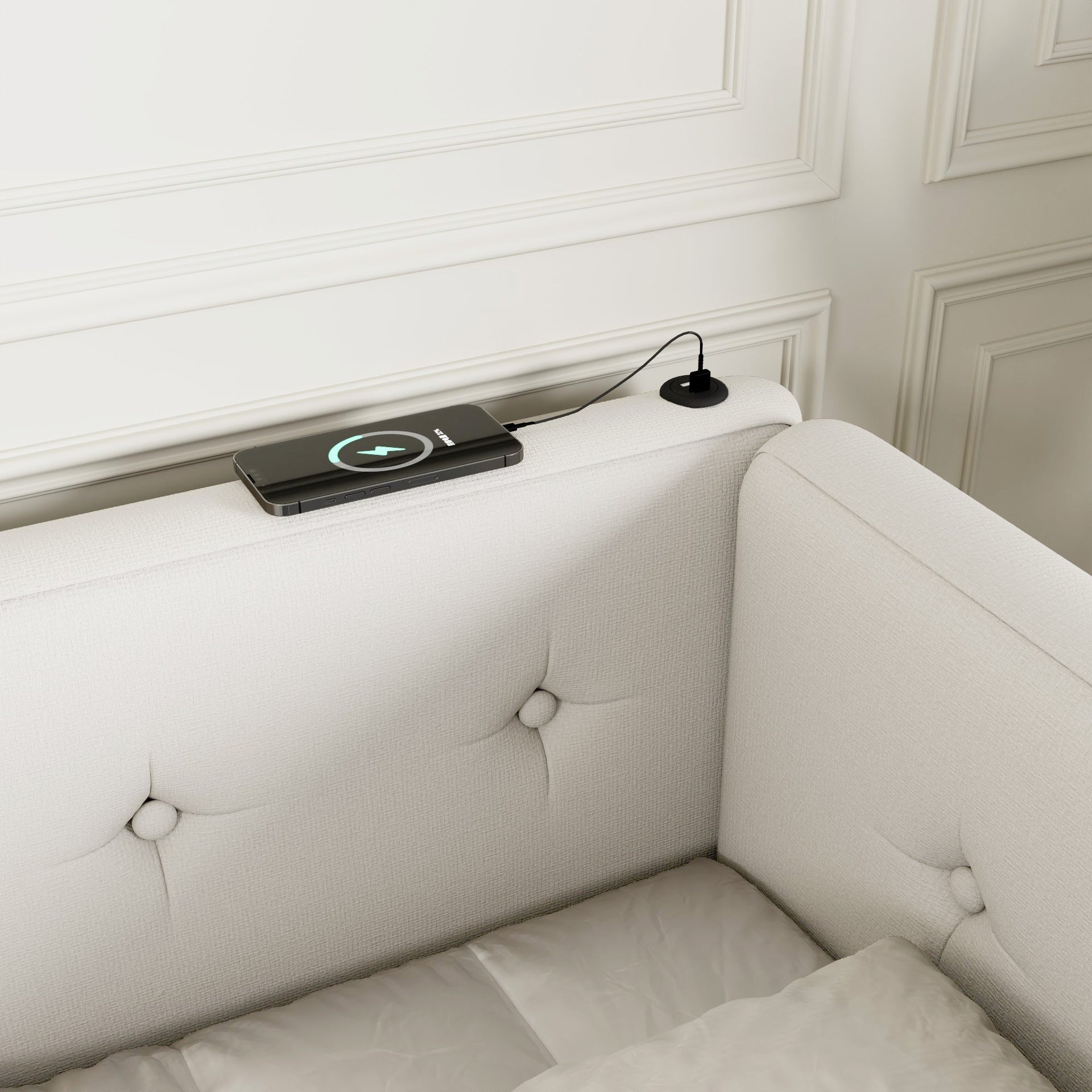 Upholstered Queen Size platform bed with USB Ports, Beige