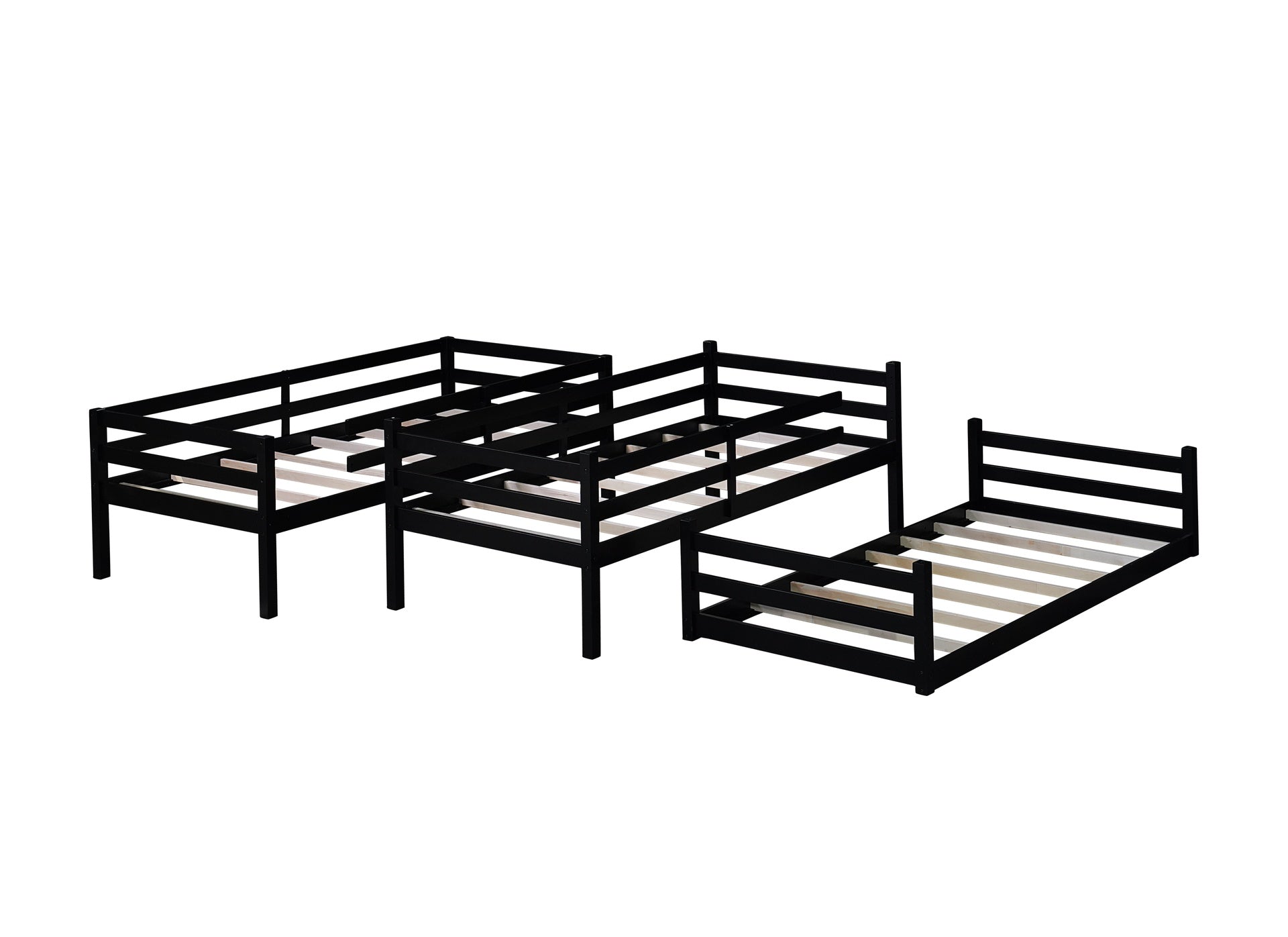 Triple Rubber Wood Bunk Bed with Two Built-in Ladders, Guardrails, Twin over Twin over Twin, Detachable Triple Twin Bunk Bed,Black