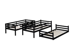 Triple Rubber Wood Bunk Bed with Two Built-in Ladders, Guardrails, Twin over Twin over Twin, Detachable Triple Twin Bunk Bed,Black