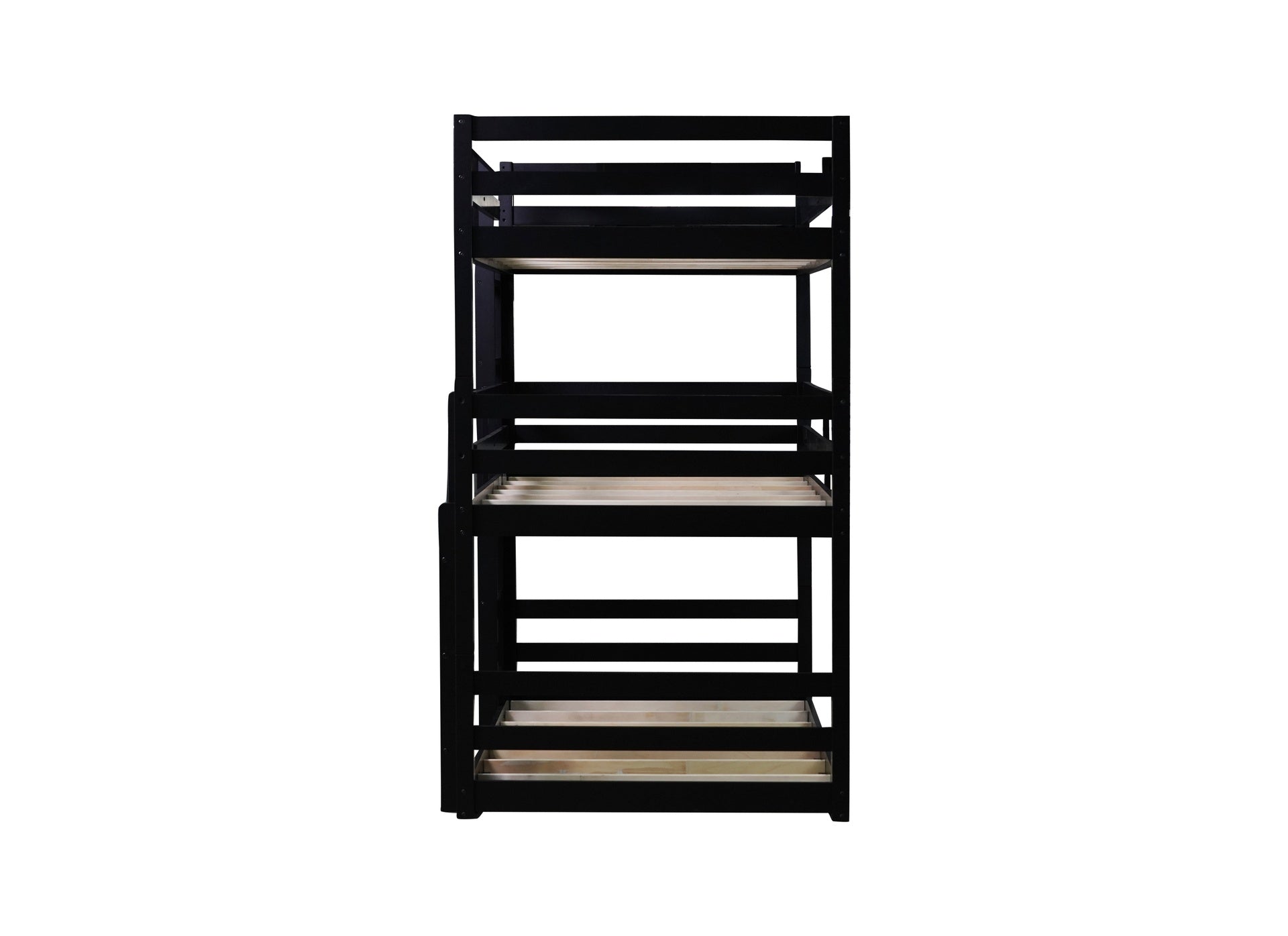 Triple Rubber Wood Bunk Bed with Two Built-in Ladders, Guardrails, Twin over Twin over Twin, Detachable Triple Twin Bunk Bed,Black