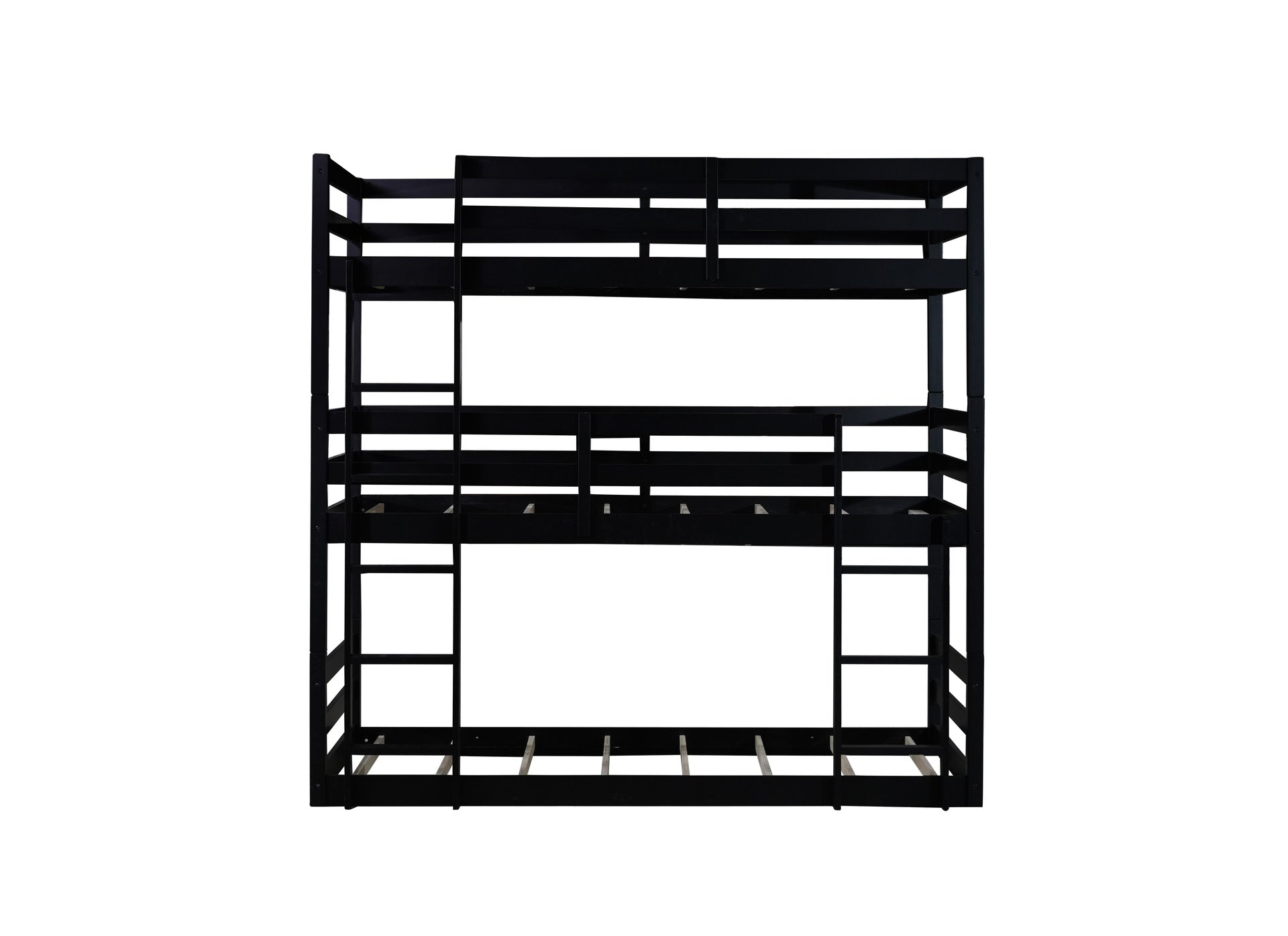 Triple Rubber Wood Bunk Bed with Two Built-in Ladders, Guardrails, Twin over Twin over Twin, Detachable Triple Twin Bunk Bed,Black