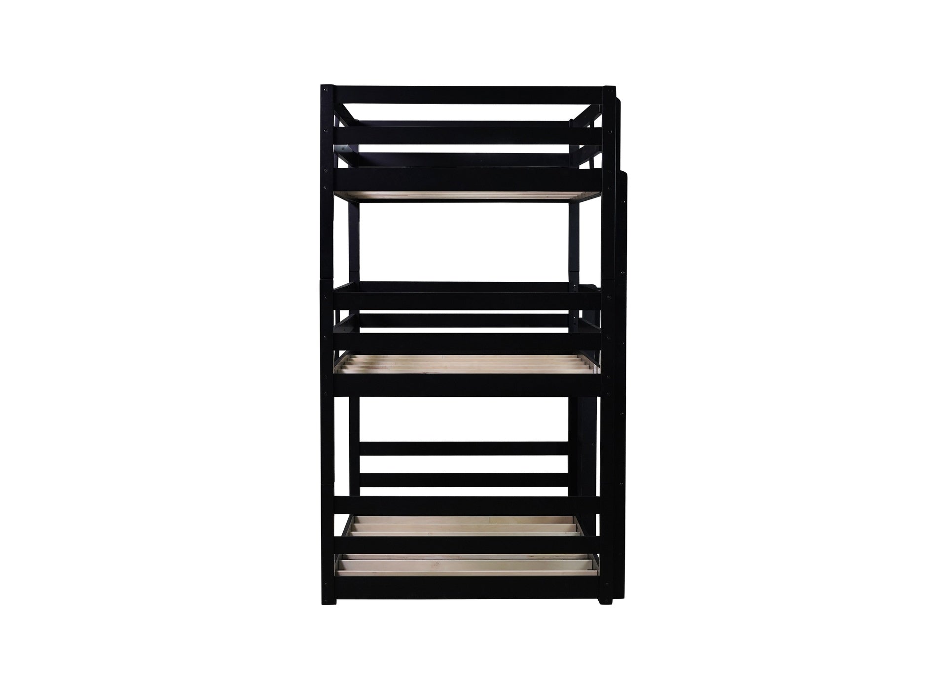 Triple Rubber Wood Bunk Bed with Two Built-in Ladders, Guardrails, Twin over Twin over Twin, Detachable Triple Twin Bunk Bed,Black