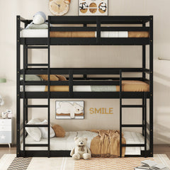 Triple Rubber Wood Bunk Bed with Two Built-in Ladders, Guardrails, Twin over Twin over Twin, Detachable Triple Twin Bunk Bed,Black