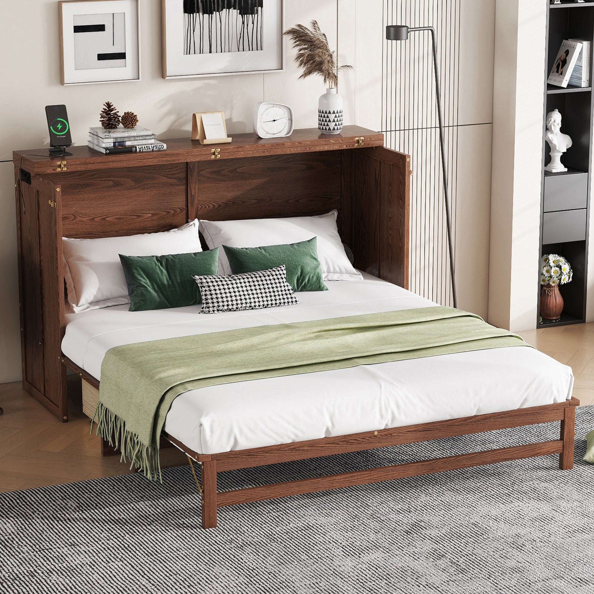 Murphy Bed Cabinet Queen with Storage Drawer and Charging Station, USB Port, Solid Pine Murphy Bedframe for Home Office, Studio or Guest Room,Walnut