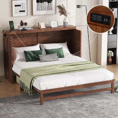 Murphy Bed Cabinet Queen with Storage Drawer and Charging Station, USB Port, Solid Pine Murphy Bedframe for Home Office, Studio or Guest Room,Walnut