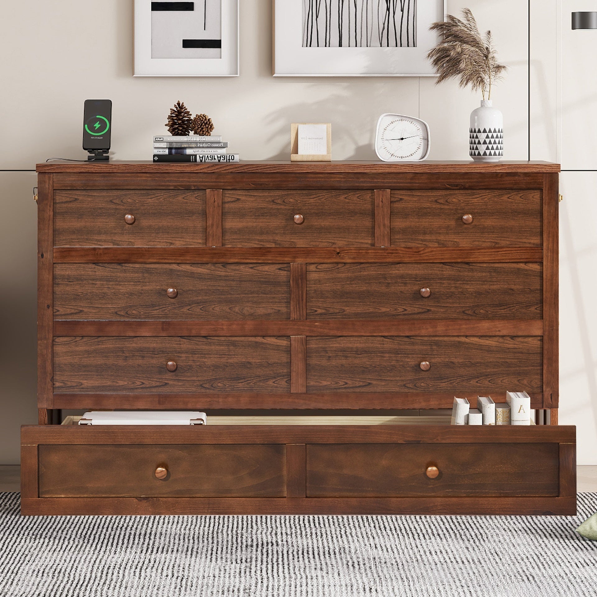 Murphy Bed Cabinet Queen with Storage Drawer and Charging Station, USB Port, Solid Pine Murphy Bedframe for Home Office, Studio or Guest Room,Walnut