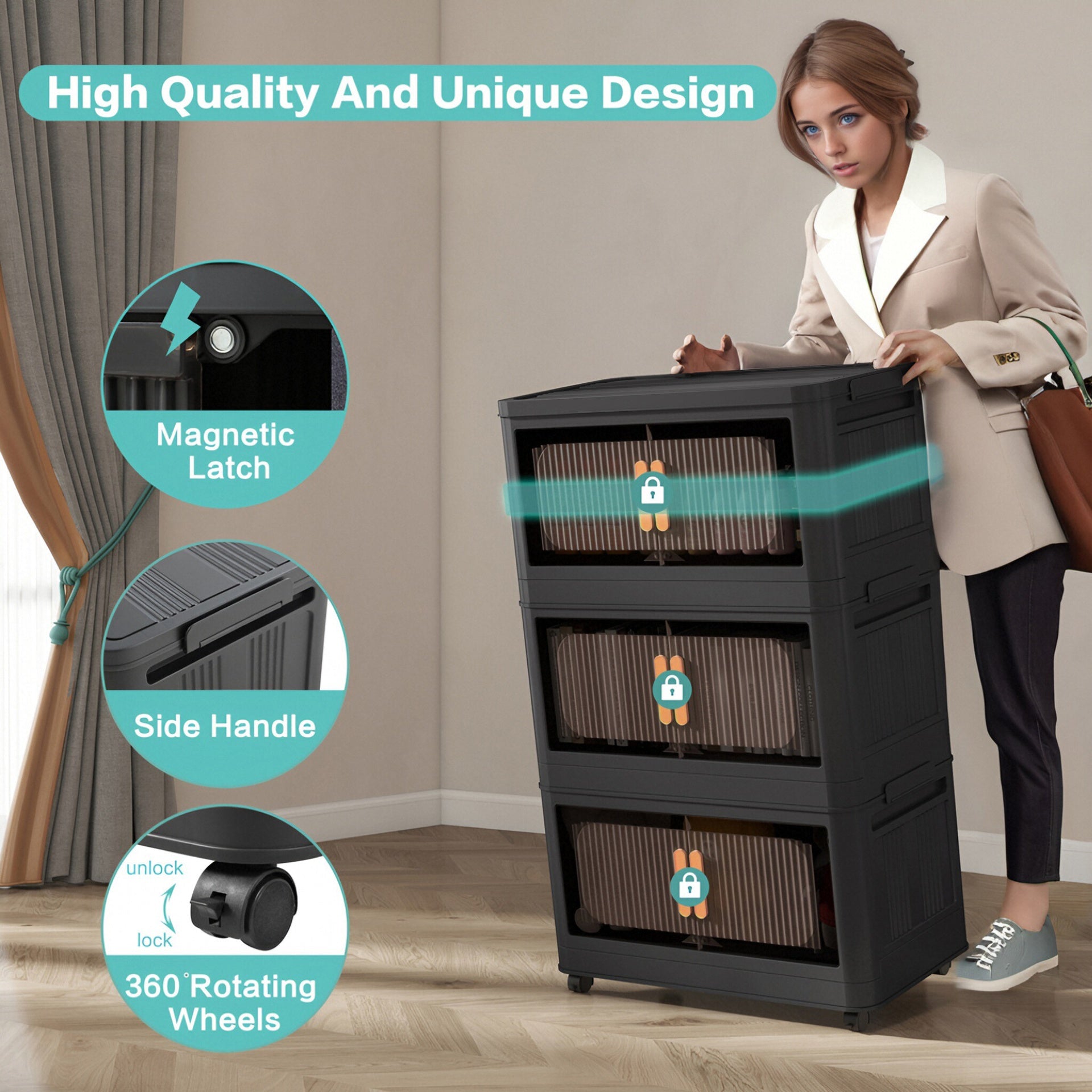 Black, 24" Side Wide Folding Storage Cabinet ,5 Tiers,23.62"×13.78"×59.84",Collapsible Storage Bins with Magnetic Door, Plastic Storage Cabinet with Wheels
