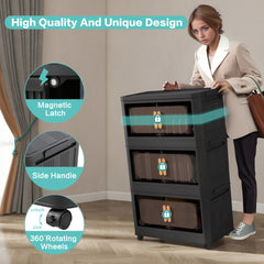 Black, 24" Side Wide Folding Storage Cabinet ,5 Tiers,23.62"×13.78"×59.84",Collapsible Storage Bins with Magnetic Door, Plastic Storage Cabinet with Wheels