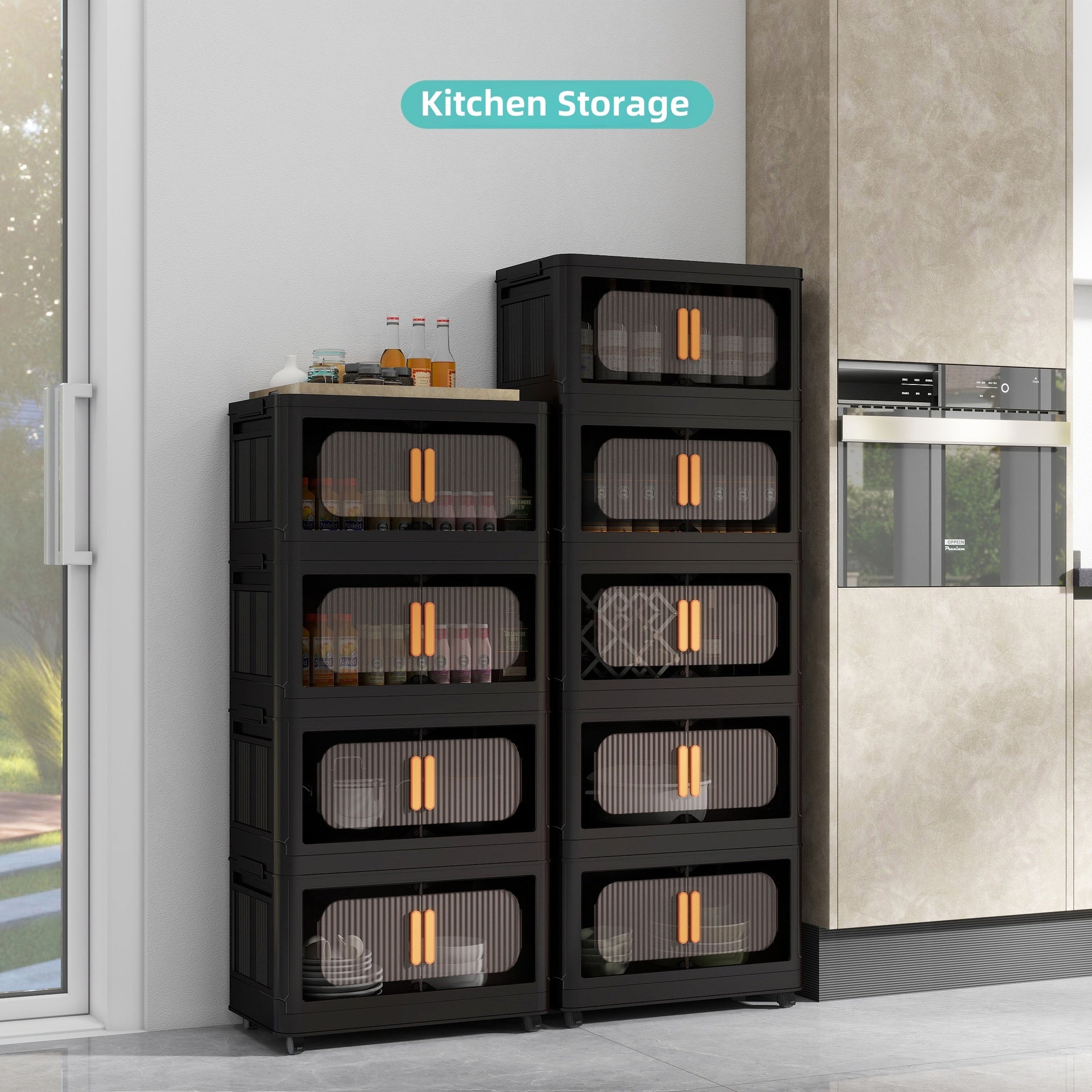 Black, 24" Side Wide Folding Storage Cabinet ,5 Tiers,23.62"×13.78"×59.84",Collapsible Storage Bins with Magnetic Door, Plastic Storage Cabinet with Wheels