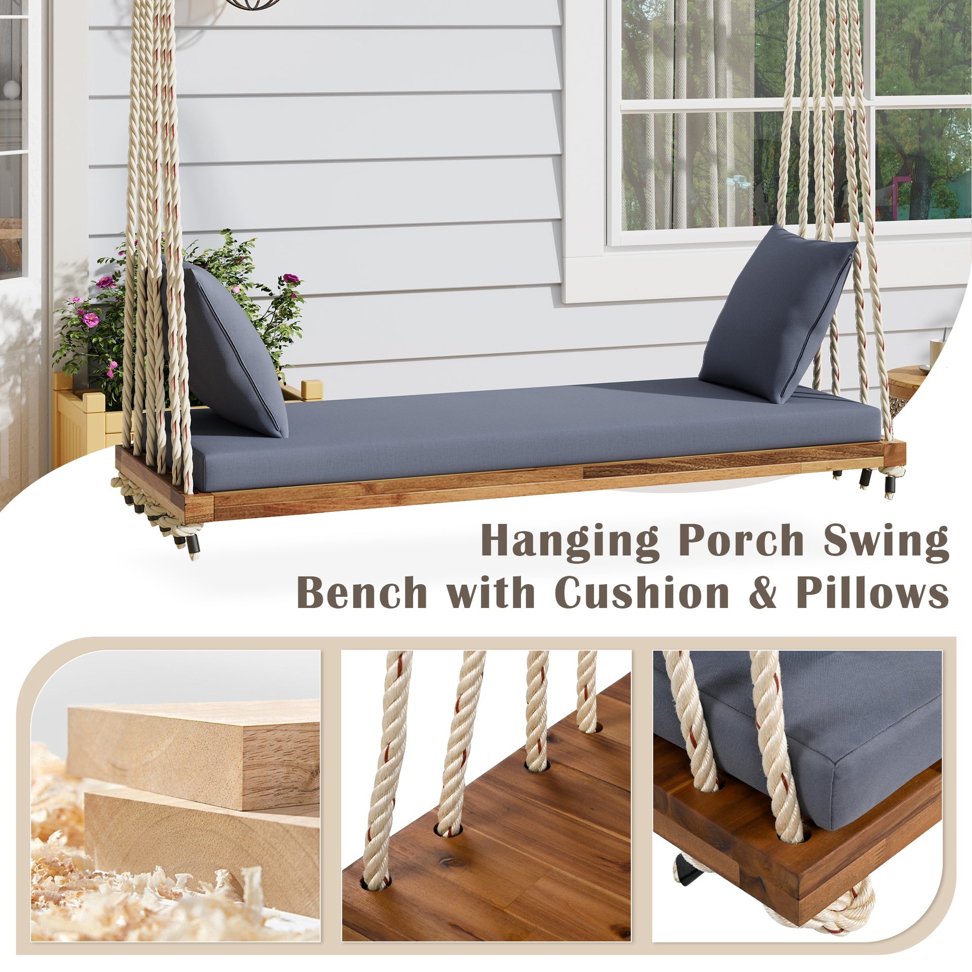 TOPMAX Patio Wooden Swing Chair, Hanging Porch Swing Bench with Cushion&Pillows, 10.8Ft Hemp Ropes for Garden,Backyard, Lawn,Natural