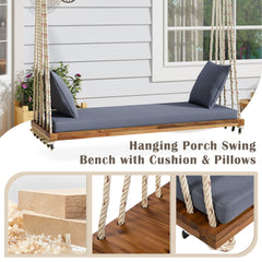 TOPMAX Patio Wooden Swing Chair, Hanging Porch Swing Bench with Cushion&Pillows, 10.8Ft Hemp Ropes for Garden,Backyard, Lawn,Natural