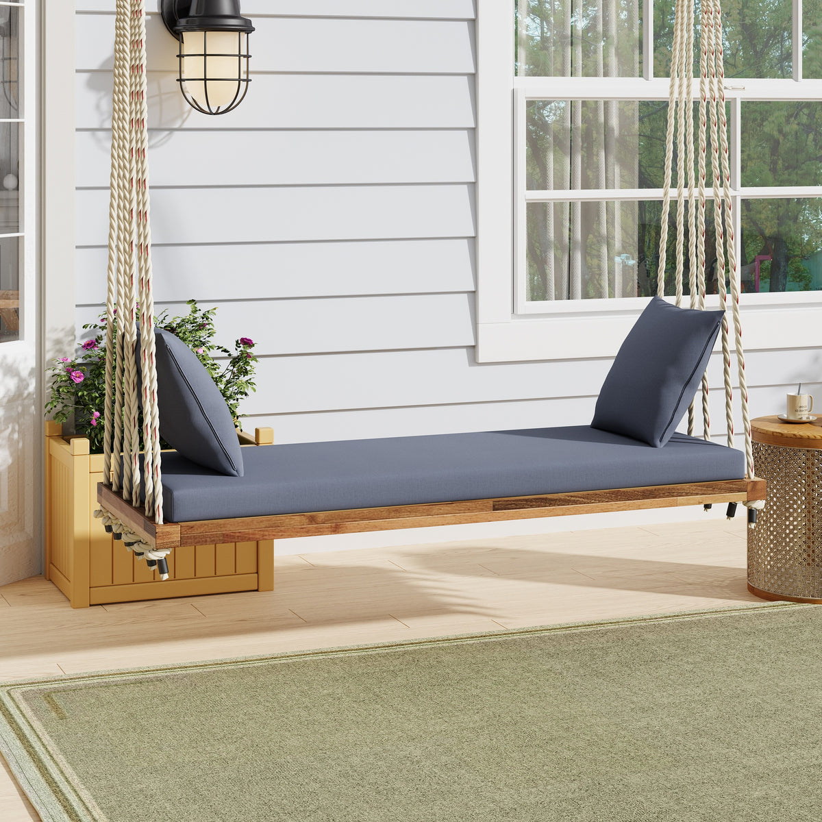TOPMAX Patio Wooden Swing Chair, Hanging Porch Swing Bench with Cushion&Pillows, 10.8Ft Hemp Ropes for Garden,Backyard, Lawn,Natural