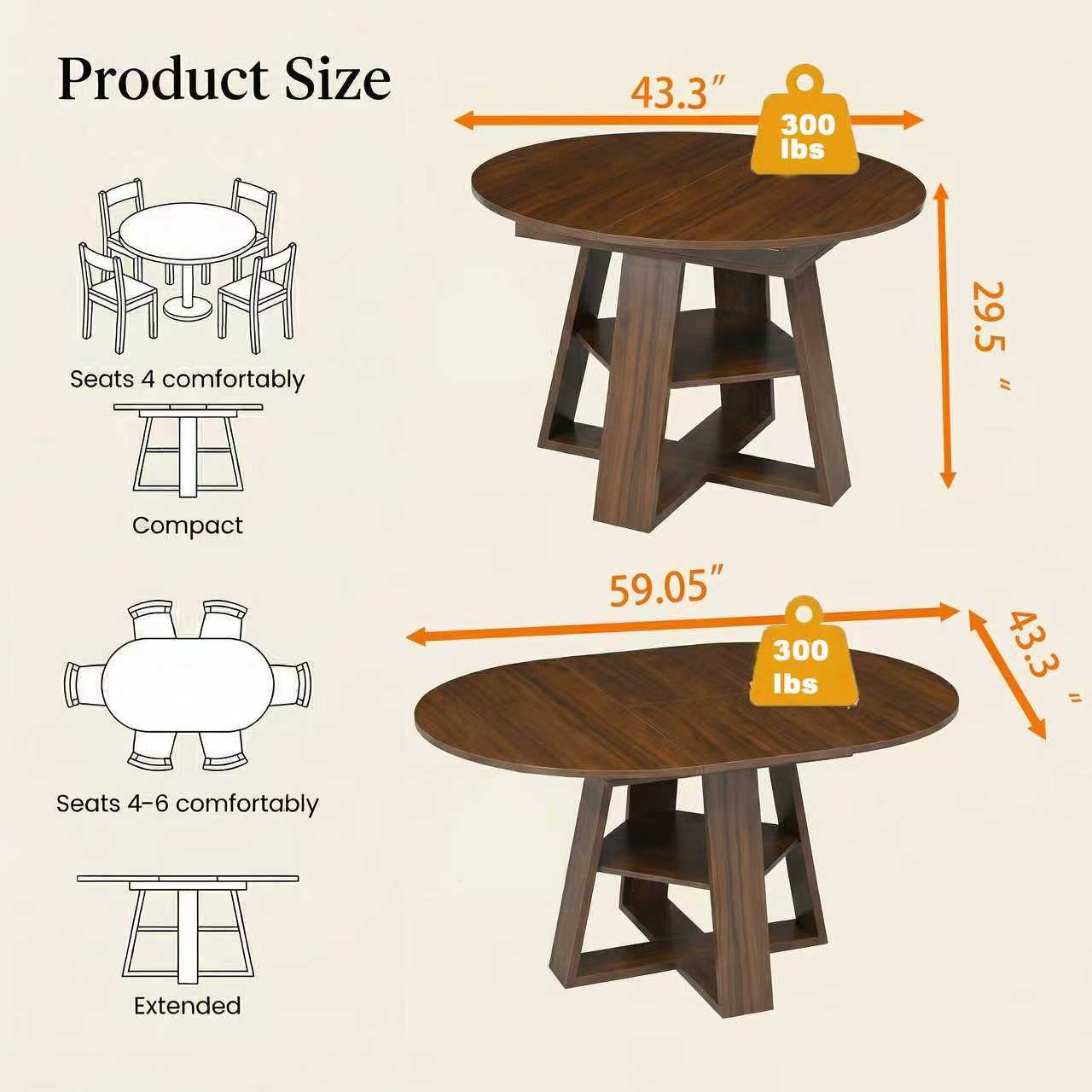 43.3in-59in Extendable Round Dining Table for 4-8,Modern Kitchen Oval Dining Table with Removable Leaves Space Saving,Wood Base with Storage Shelf for Kitchen Living Room ((Walnut))