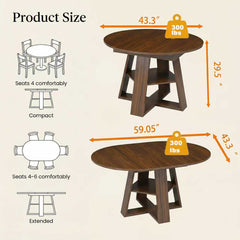 43.3in-59in Extendable Round Dining Table for 4-8,Modern Kitchen Oval Dining Table with Removable Leaves Space Saving,Wood Base with Storage Shelf for Kitchen Living Room ((Walnut))