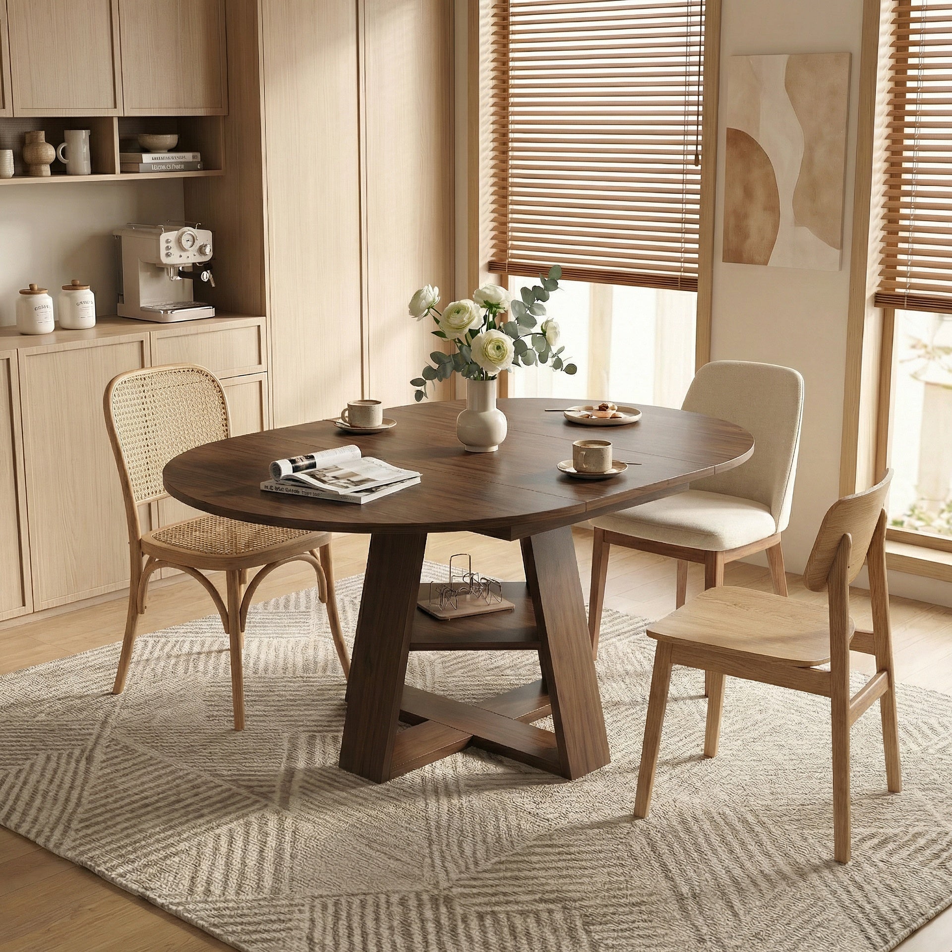 43.3in-59in Extendable Round Dining Table for 4-8,Modern Kitchen Oval Dining Table with Removable Leaves Space Saving,Wood Base with Storage Shelf for Kitchen Living Room ((Walnut))
