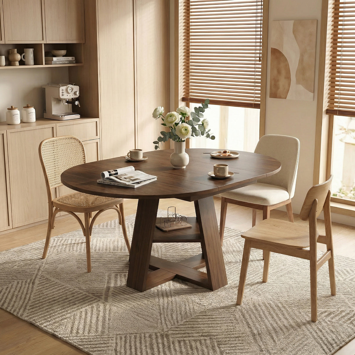 43.3in-59in Extendable Round Dining Table for 4-8,Modern Kitchen Oval Dining Table with Removable Leaves Space Saving,Wood Base with Storage Shelf for Kitchen Living Room ((Walnut))