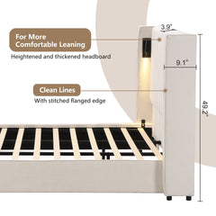 King Size Upholstered Bed Frame with High Wingback Headboard,Reading Lamp and USB port,Beige