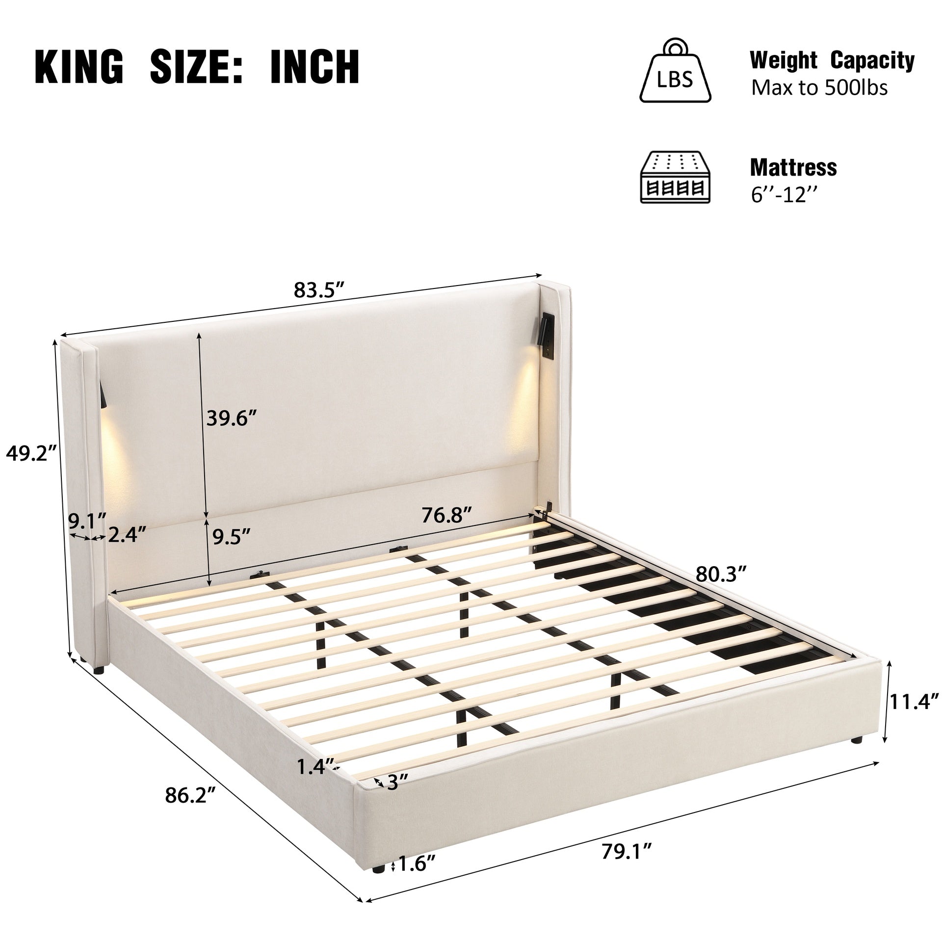 King Size Upholstered Bed Frame with High Wingback Headboard,Reading Lamp and USB port,Beige