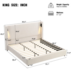 King Size Upholstered Bed Frame with High Wingback Headboard,Reading Lamp and USB port,Beige