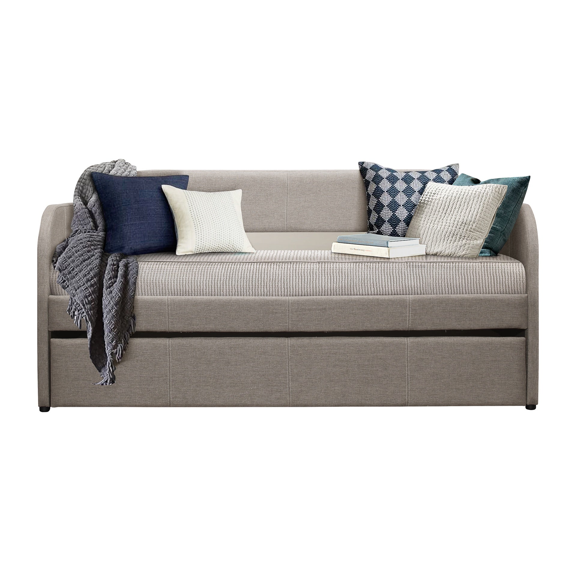 Modern Design Daybed Gray Fabric Upholstery Arch Shaped Back Panel Modern Home Furniture 1pc Pull-out Trundle Bed with Casters