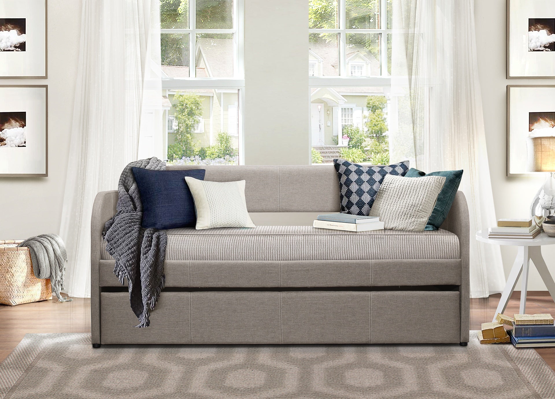 Modern Design Daybed Gray Fabric Upholstery Arch Shaped Back Panel Modern Home Furniture 1pc Pull-out Trundle Bed with Casters