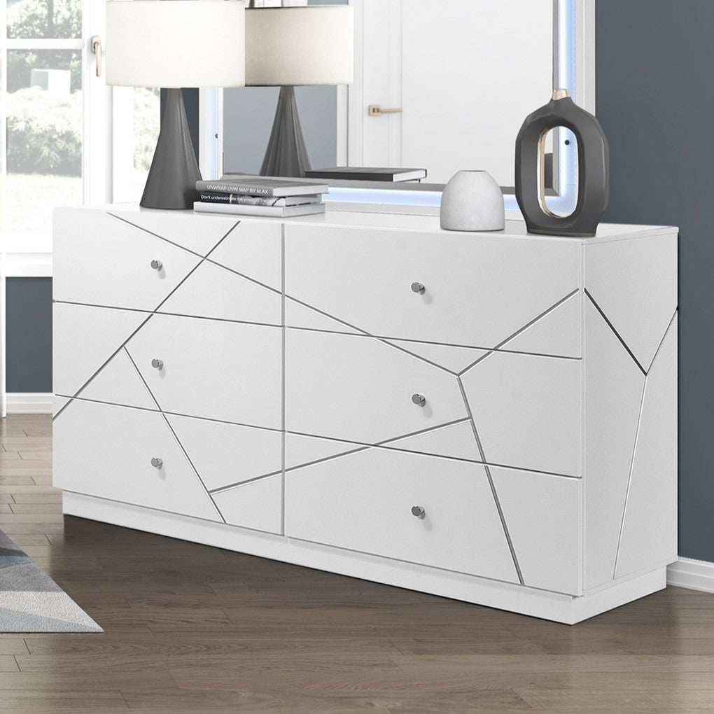 Glamorous White Finish 6-Drawers Dresser Geometric Design Accents Bedroom Furniture 1pc