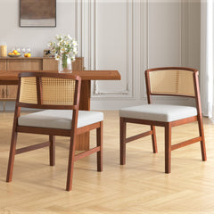 Rattan Dining Chairs Set of 2, Fabric Upholstered Kitchen Side Chair, Curved Rattan Back, with  Hardwood Frame, Armless Chairs for Kitchen/Restaurant, Walnut