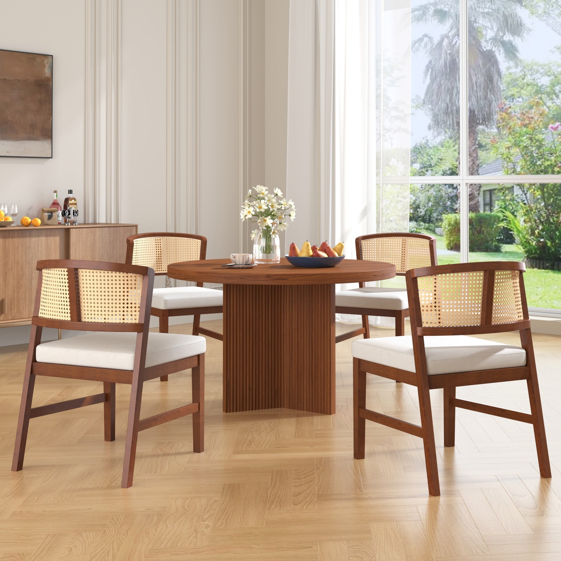 Rattan Dining Chairs Set of 2, Fabric Upholstered Kitchen Side Chair, Curved Rattan Back, with  Hardwood Frame, Armless Chairs for Kitchen/Restaurant, Walnut