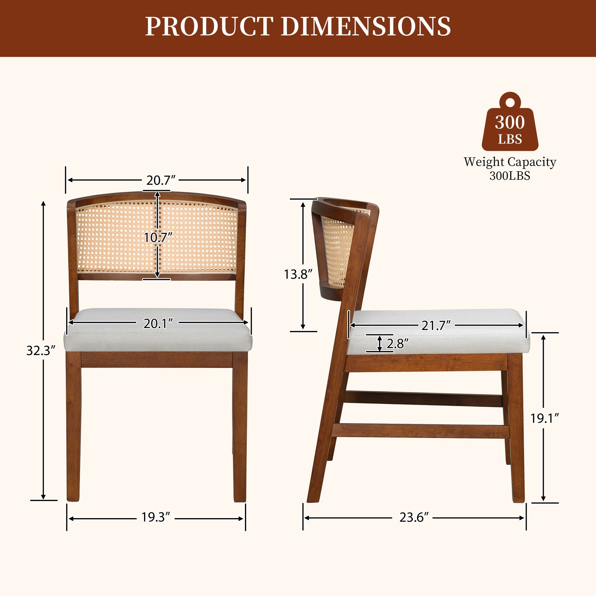 Rattan Dining Chairs Set of 2, Fabric Upholstered Kitchen Side Chair, Curved Rattan Back, with  Hardwood Frame, Armless Chairs for Kitchen/Restaurant, Walnut
