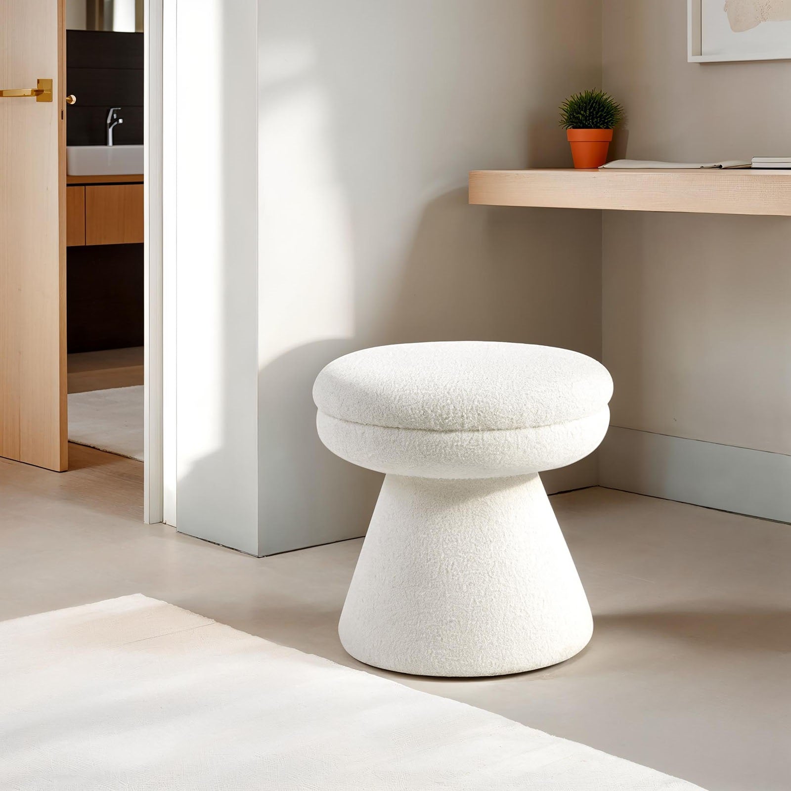 Contemporary Style 1pc Round Top Accent Stool Teddy Fabric Pedestal Base Mushroom Shape Design Beige Finish Primary Living Room
