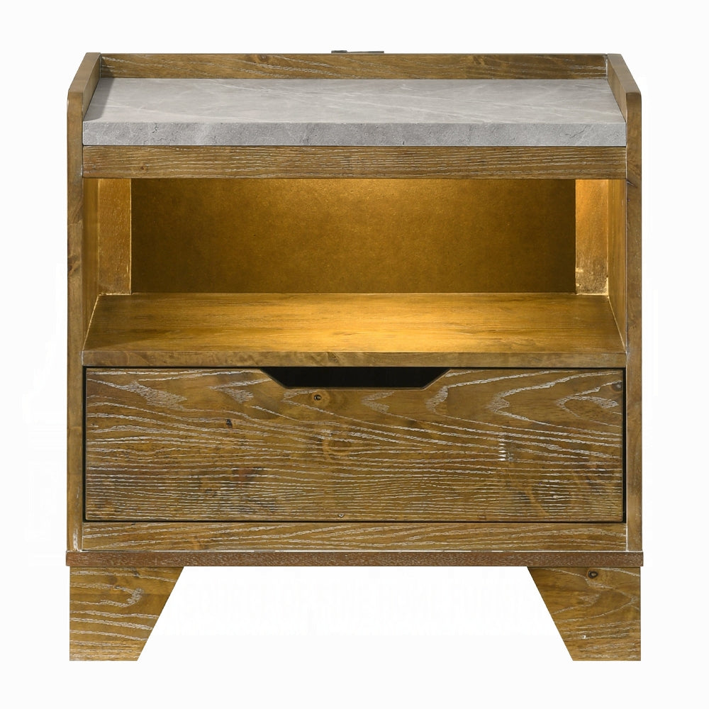 Transitional Brown Finish Nightstand With LED Light USB Ports Wooden Bedroom Furniture 1pc Bedside Cabinet Drawer Shelf