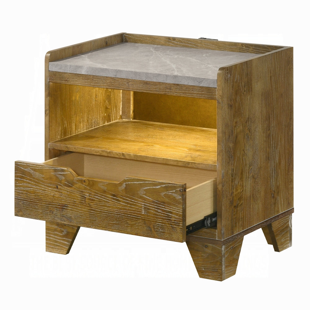 Transitional Brown Finish Nightstand With LED Light USB Ports Wooden Bedroom Furniture 1pc Bedside Cabinet Drawer Shelf
