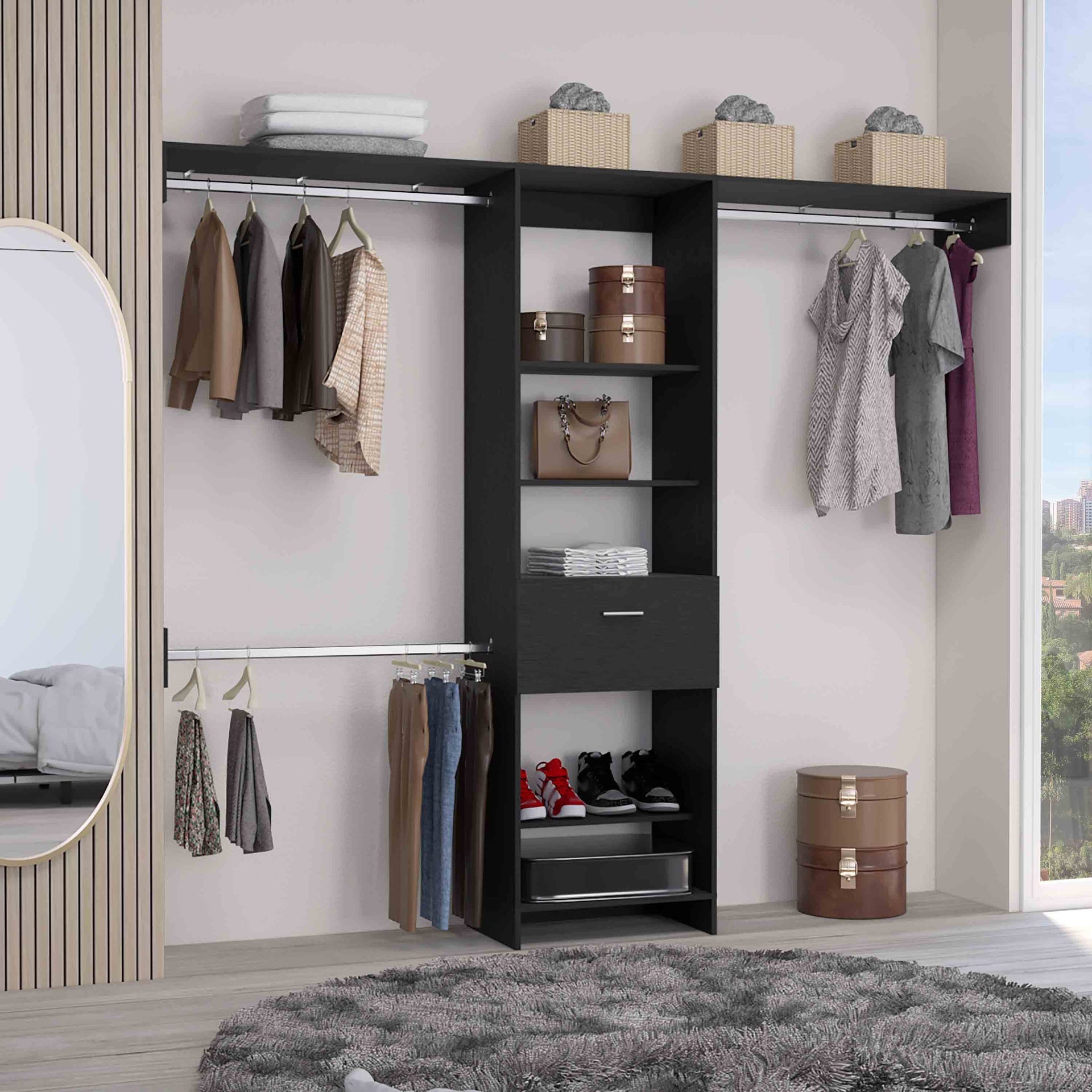 Closet System, One Drawer, Three Metal Rods, Five Open Shelves, Black