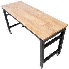 Workbench - 60" Wide Rolling Workbenches for Garage - Adjustable Height, Workshop Tool Bench, Metal with rubber Wood Top