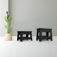 11in Folding Step Stool, Compact, Portable, Non-Slip, 300 lbs. weight capacity for adults and children. Secure non-slip top and rubber feet, great for home and camping, black color
