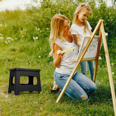 11in Folding Step Stool, Compact, Portable, Non-Slip, 300 lbs. weight capacity for adults and children. Secure non-slip top and rubber feet, great for home and camping, black color
