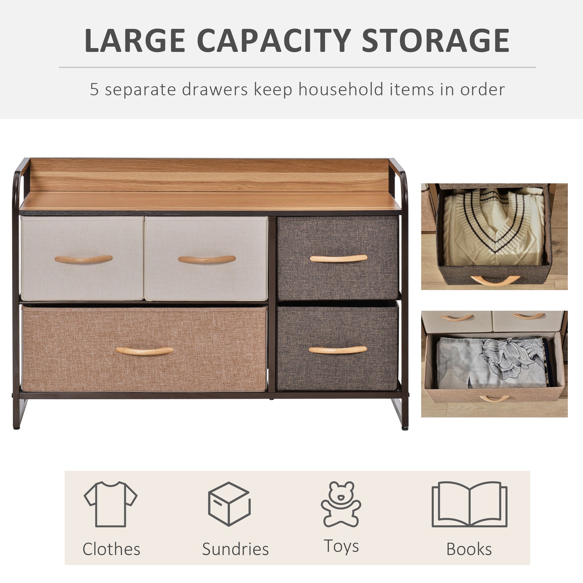 HOMCOM 5-Drawer Dresser, Fabric Chest of Drawers, 2-Tier Storage Organizer for Bedroom Entryway, Tower Unit with Steel Frame Wooden Top, Maple Wood