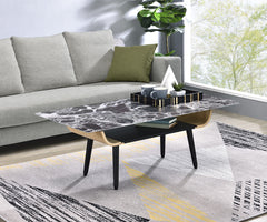 Lorenzo 47"W Coffee Table with Glass Black Marble Texture Top and Bent Wood Design