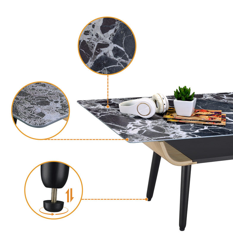 Lorenzo 47"W Coffee Table with Glass Black Marble Texture Top and Bent Wood Design