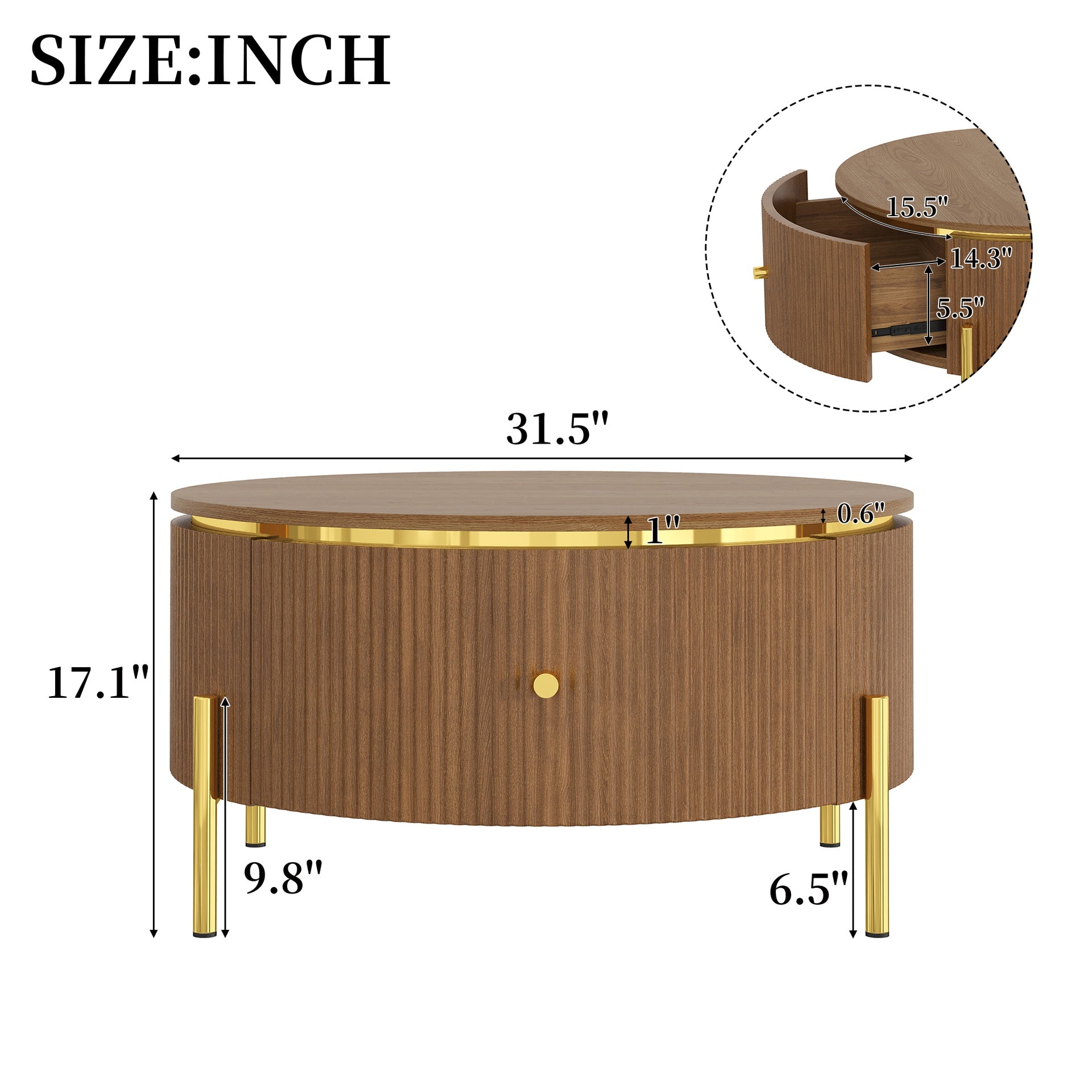 Modern Round Coffee Table with 2 large Drawers Storage Accent Table, Brown, 31.5"