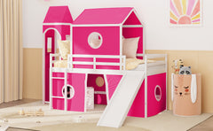 Twin Size Loft  Bed with Slide Pink Tent and Tower - Pink