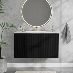 36 Inch Bathroom Vanity Cabinet With Ceramic Sink - Black Wall Mounted Floating Fluted Vanity With Drawers, Modern