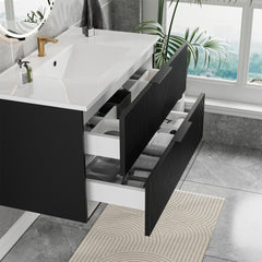 36 Inch Bathroom Vanity Cabinet With Ceramic Sink - Black Wall Mounted Floating Fluted Vanity With Drawers, Modern