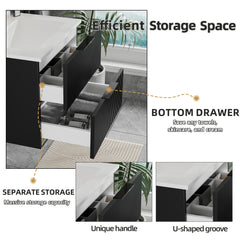 36 Inch Bathroom Vanity Cabinet With Ceramic Sink - Black Wall Mounted Floating Fluted Vanity With Drawers, Modern