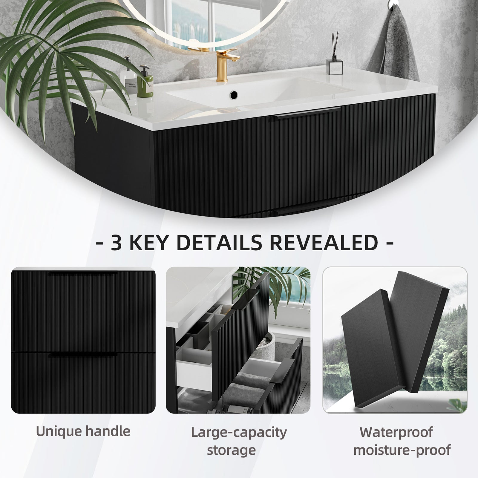 36 Inch Bathroom Vanity Cabinet With Ceramic Sink - Black Wall Mounted Floating Fluted Vanity With Drawers, Modern