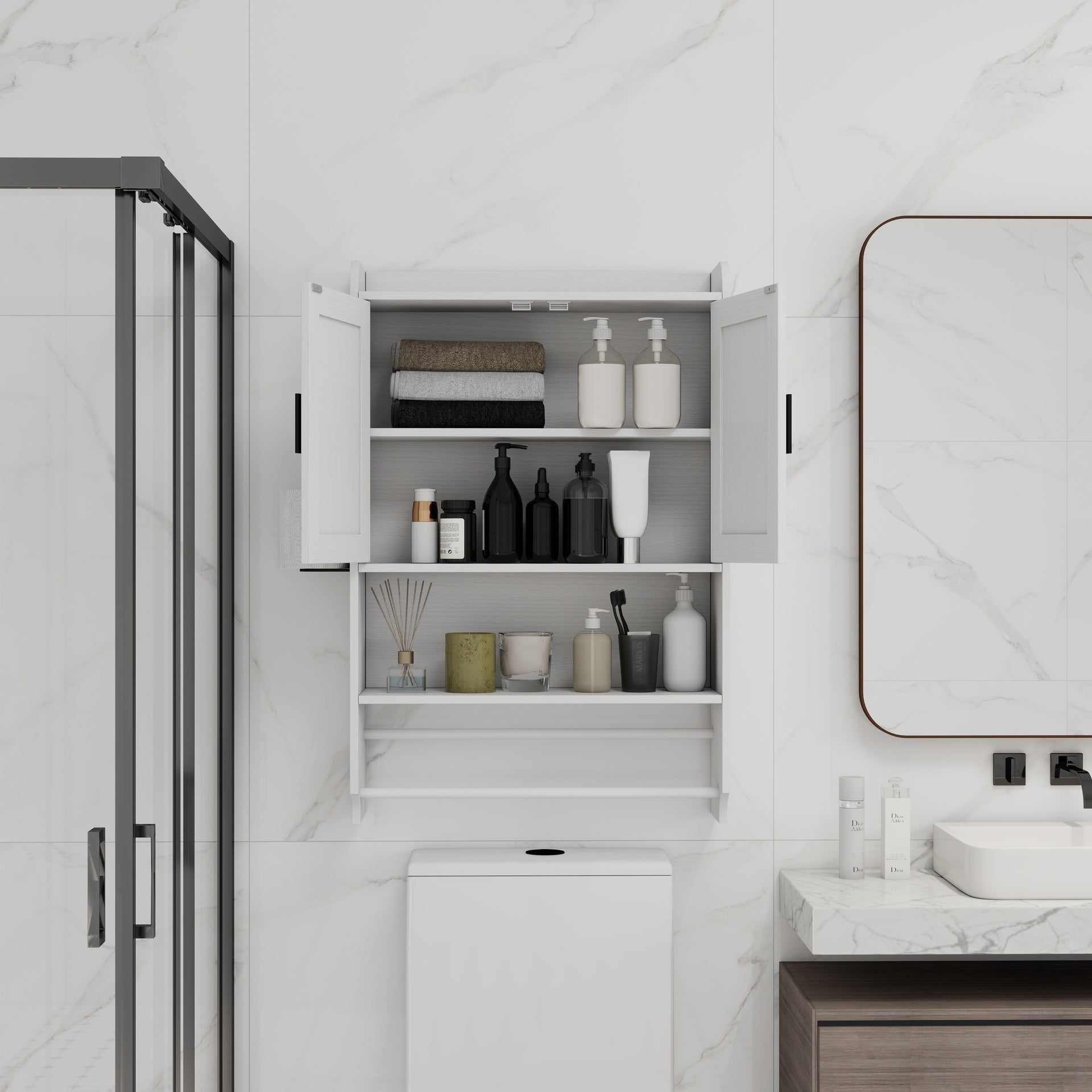 Bathroom Wall Cabinet with Doors,Adjustable Shelf,Towel Bar and Paper Holder, Over The Toilet Storage Cabinet, Medicine Cabinet for Bathroom-White