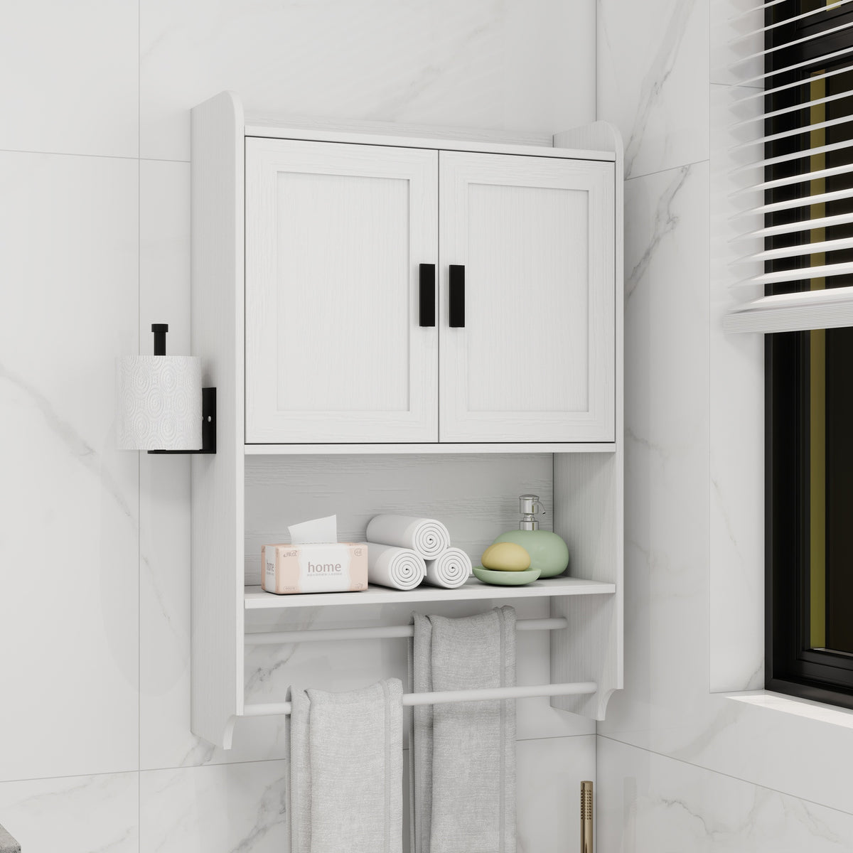 Bathroom Wall Cabinet with Doors,Adjustable Shelf,Towel Bar and Paper Holder, Over The Toilet Storage Cabinet, Medicine Cabinet for Bathroom-White