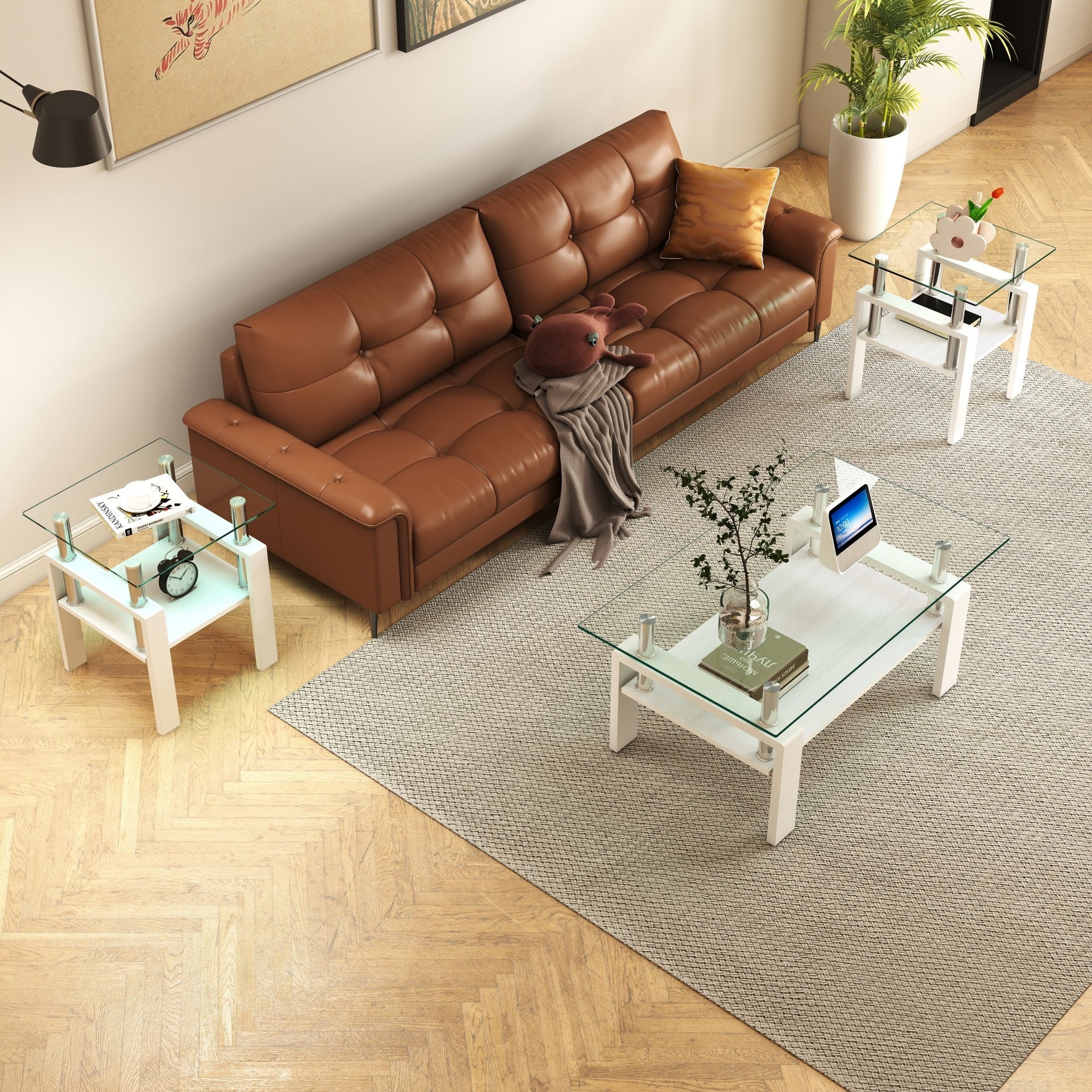 Set of 2 Modern Tempered Glass Tea Table,Tempered Glass Tabletop with MDF Layer,Coffee Table,End Table, Square Table for Living Room, Transparent/white