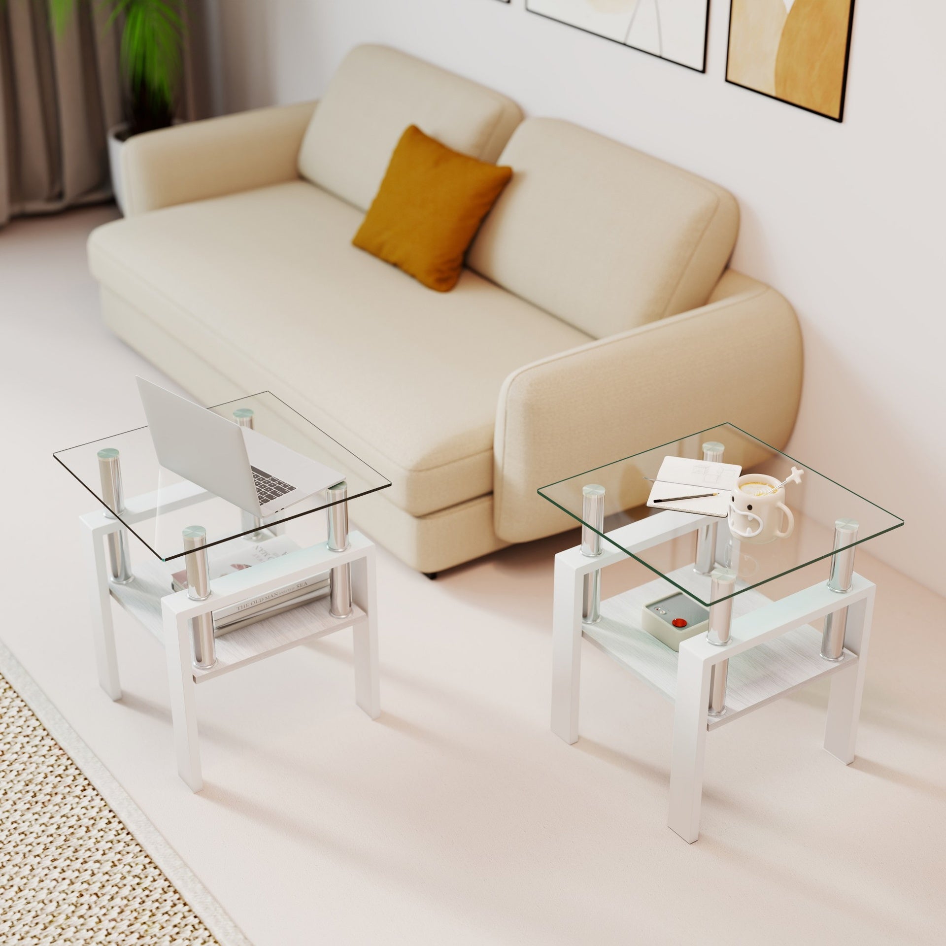 Set of 2 Modern Tempered Glass Tea Table,Tempered Glass Tabletop with MDF Layer,Coffee Table,End Table, Square Table for Living Room, Transparent/white