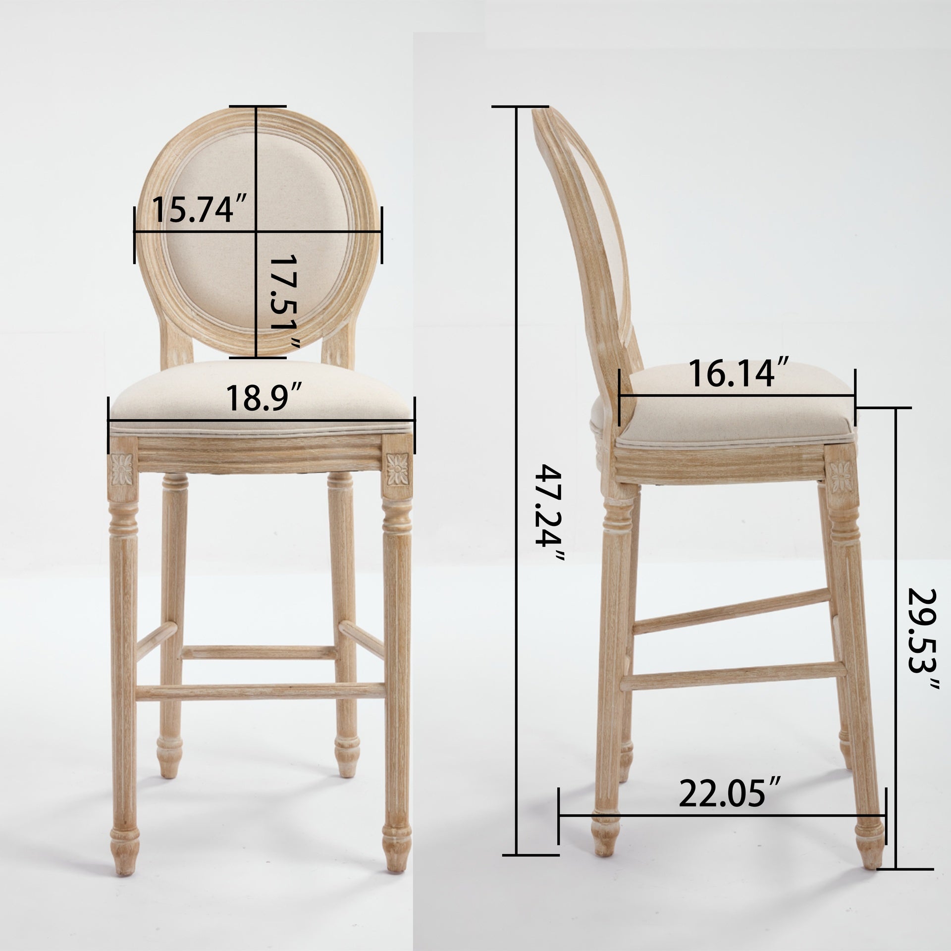 French Country Wooden Barstools with Upholstered Seating ,Beige ,Set  of 2